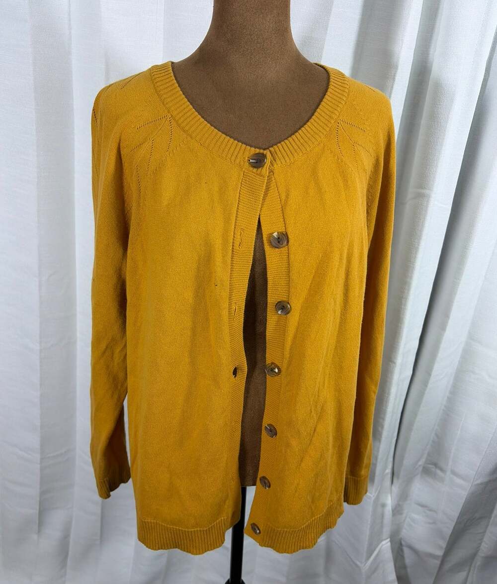 Christopher & Banks L Mustard Yellow Cotton Blend Pointelle Cardigan